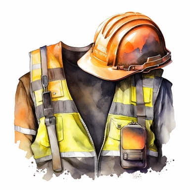 construction helmet and high vis vest clip art, watercolor, white background, no caption