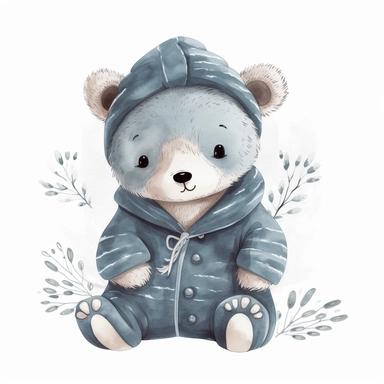Clipart of a cute baby bear wearing cozy pajamas on white background. Add small details like a bear ear hat or fluffy slippers to accentuate the cute and cozy look