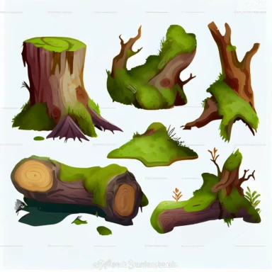 Logs, stumps in moss. Cartoon tree in lichen in swamp jungle. Broken oak in tropical damp forest. Set isolated vector element on white background, Watercolor clipart, details