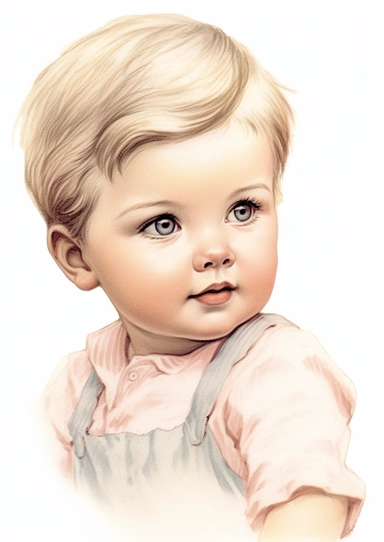 a cute retro vintage baby boy. close-up of his beautiful face. Color pencil sketch, soft baby colors, on a white background for clipart.