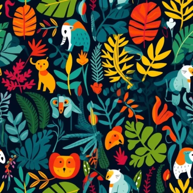 Design a jungle-themed clipart set featuring animals and plants found in the rainforest. Use bold colors and simple shapes to create a bold yet playful visual style