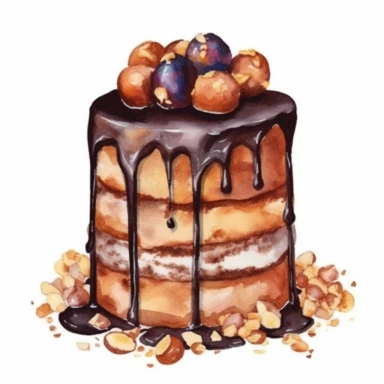 one watercolor Mini Chocolate, Nutella Ganache & Hazelnut Praline Layer Cake clipart, hd, on white background, spaced out