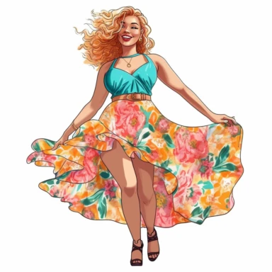 hand-drawn, clipart, ultra realistic, young woman is wearing a vibrant and colorful floral halter sundress that fits her curvy hips perfectly. The dress has a flowing and breezy fabric that moves with the gentle summer breeze. The halter neckline accentuates her shoulders and arms, and the back of the dress is open, revealing her glowing skin. She completes her outfit with a pair of simple and elegant sandals that complement the dress's floral pattern. Her long straight silk press hair is carefu