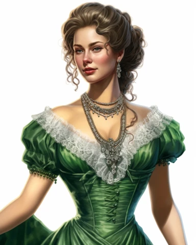 detailed smiling beautiful lady , dressed in a green victorian vintage dress with necklace, hyper realistic, 8k, isolated on white backgorund, clipart