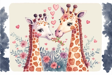 giraffe couple love valentine, Kawaii style, watercolor clipart, flat colors, ultrahigh details, high quality, almost vector style, white background, 8k,