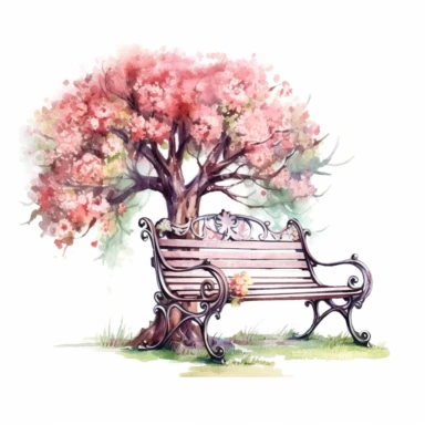 clipart, isolated on white background, Watercolor Spring beautiful ornated metal bench under the tree, flowers and grass and plants, ornated, pastel colors