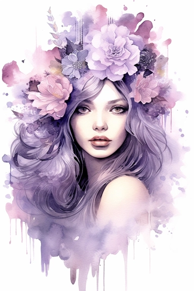 Clipart Young woman. In the style of fabulous qualities, lavender and rose, surrealism, delicate, whimsical composition, watercolor pencil and ink,