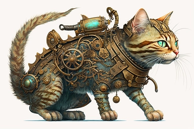 clipart, A beautiful cat with a steampunk-style mechanical fish in its paws, hd, on white background,