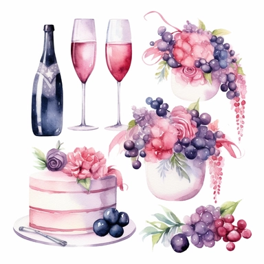 vector collection, wedding, feast, wine glasses, balloons, ribbons, party, happiness, wedding cake, bouquet, flowers, clipart, watercolor, 8k, white background.