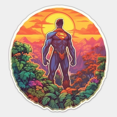 super man, close up, a sticker, artwork of t shirt graphic of majestic forest, in digital painting style , beautiful flowers, sunset mountains and clouds , big vines, stone temple covered in vines, white background, colorful fantasy flower surround, highly detailed clean, vector image, photorealistic masterpiece, professional photography, realistic, flat white background, isometric, vibrant vector, clipart, illustration, realism, 4k, , cinematic, front view, white background, paradise, extremely