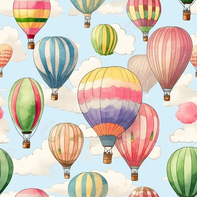 Hot Air Balloons, Watercolor, vector, white background, clipart, Seamless patterns, repeating patterns design, flat illustration,outlined , Vector, 4K, Art station, digital print, highly detailed clean, A detailed illustration a field,3D vector art, cute and quirky, fantasy art, watercolor effect, bokeh, Adobe Illustrator, hand-drawn, digital painting, low-poly, soft lighting, bird's-eye view, isometric style, retro aesthetic, focused on the character, 4K resolution,vector image, photorealistic 
