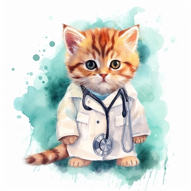 watercolor clipart, cute kitten, wearing a stethoscope and a white coat, working as a veterinarian, watercolor style, realistic, bright colors, 300 dpi, 8k, white and clear background, high solution