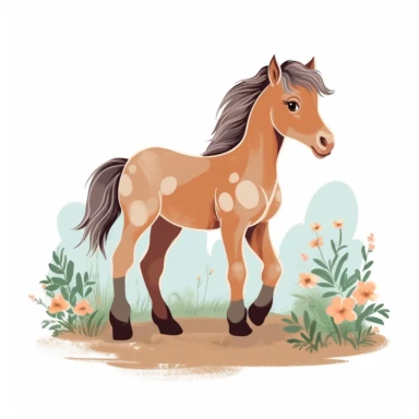 a baby horse clipart with illustration, full body shot ,8k, style of Bohemian, style of Anna Süßbauer and Jon Klassen,vector, Vector, white background,Solid Background, Sharpness and clarity, masterpiece, trending on Artstation and Dribbble.