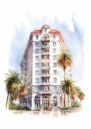 ultra detailed watercolor hotel, isolated on white background, realistic, clipart