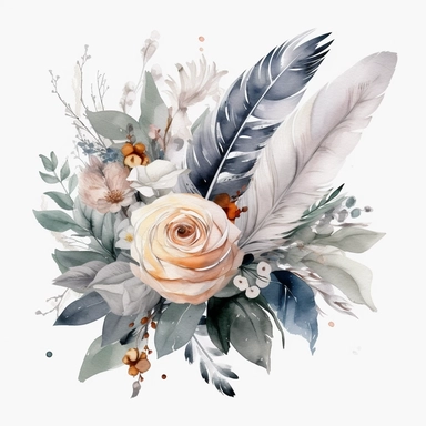 Watercolor dusty greay and white feathers bouquet clipart white background no text wedding style eligible for transparent background