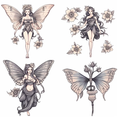 Clipart of summer fairy butterflies and flowers, in the style of watercolour, clean outline, magical, enchanted,
