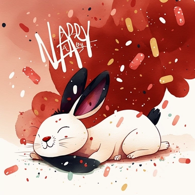 clipart, hand painted, watercolor, vectors, sharp focus, highly detailed, bunny lying on top of the wall,Chinese New Year, Bright Red, happy Celebration, Colorful Confetti behind, Cute, Cheerful, pixar style,dark red envelopes in the air,--vr 1:1.3