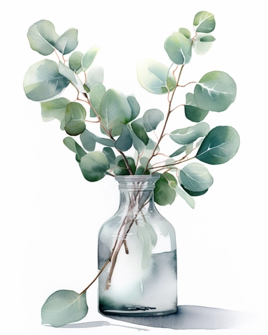 watercolor Eucalyptus in bud vase white background watercolor detailed ilustration, white background, clipart