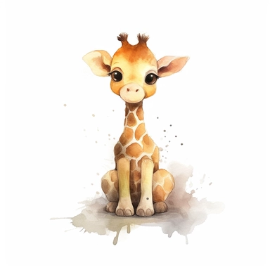 cute baby giraffe, full body, sitting, cartton, animation, watercolours, boho, minimalistic, white background, clipart