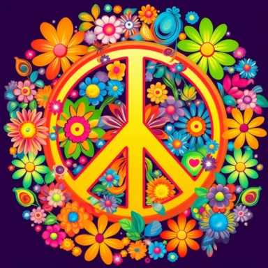 Hippie clipart 1960s and 1970s culture Psychedelic art Retro design Flower power Peace sign Groovy Tie-dye Rainbow colors Flower child Love and peace Bohemian Summer of love Colorful Vibrant ar 2:3