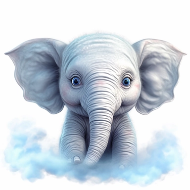 cute baby elephant with a smile on its face, soft color, HD, cartoon image, on white background, glowing eyes, on the clouds, on white background Clipart,Cartoon, hyper realistic, intricate detail, illustration style,high solution,on the white background