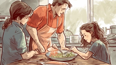 a caucasian family cooks in the kitchen clipart, in the style of gesture painting, colorized, fine attention to anatomy, the pictures generation, group material, hand-coloring, tachisme