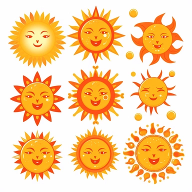 beautiful smiling sun symbols in bright orange and gold, white background, vector-style, clipart collection