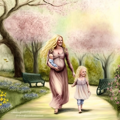 beautiful young pregnant mother with long beautiful blonde hair, toddler daughter with long beautiful hair, both facing forward, holding hands walking in park, flowering trees, path lined with benches, highly detailed, detailed face, realistic, fantasy, ethereal, soft colors, sharp focus, clipart style, fix dress
