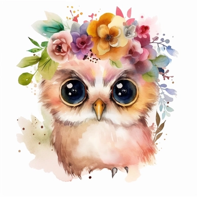 Cute baby owl, cute big eyes, colorful, floral crown, watercolor style, clipart, white background