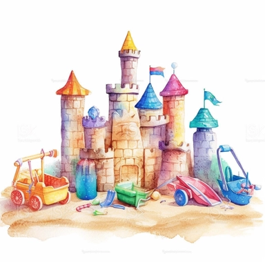 Highly Detailed image of watercolor style clip art style staged sand castles with beach toys and kids additional accessories on a white background