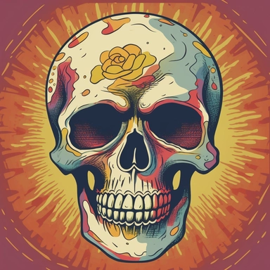 create a clipart-style illustration of a skull with a Grateful Dead-inspired design, where colorful images are placed only on the skull itself, resembling tattoos. The skull should have an expression that appears to be laughing or joyful, adding a playful element to the artwork. Begin by sketching the outline of a skull, focusing on capturing its distinct features such as the eye sockets, nasal cavity, and jawline. Keep the lines clean and simple, adhering to the clipart style. Within the confin