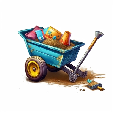 single clipart image png graphic of a Hyper Realistic Euphoric Vibrant Clipart Cute Farm Tools Wheelborow Illustration