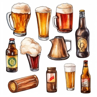Beer Accessories: Create clipart of beer-related accessories like bottle openers, coasters, and beer mats, capturing their unique shapes and colors, full color, clipart, watercolor illustration, single object, high definition 8k, white background for removing background
