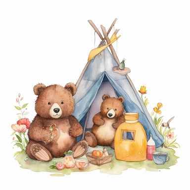Bear Family Camping Watercolor Sublimation Clipart, Clipart, white background, no watermark, no text, no word,