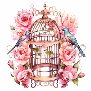 A pink vintage-inspired birdcage with roses, intricate metalwork and delicate pink birds perched inside. The soft watercolor washes and fine details bring out the charm and beauty of Victorian birdcages. Clipart, watercolor, white background, intricate detail