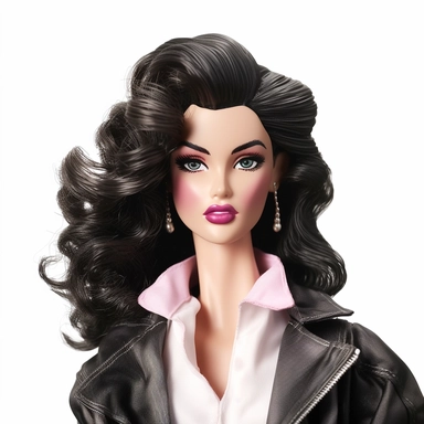 Beautiful pretty barbie doll 80's style, dark hair, paint art style, detail, clipart, white background, superrealistic, one of a kind