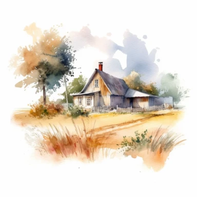 beautiful rustic watercolor sketch illustration of a farmhouse in the summer, clipart, digital art, concept, 4k, minimalistic