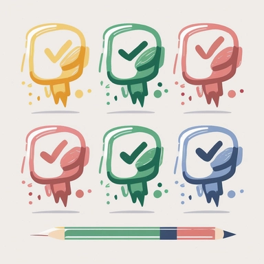 Six cute check mark,tickicons vector clipart in the style of lively brushstrokes,Dialog box is blank in the middle， label and marker style, minimalism, muted colors, white bakcground