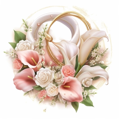clipart with peach roses, pink peonies, white calla lilies, green stems and leaves, white baby's breath, soft, dreamy pastel colours. Red hearts and gold wedding rings
