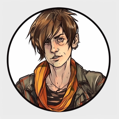 fashionable serious skinny young man desert punk bandanna DJ Qualls, Josh Kirby Mad Max Lord of the Rings, handpainted enamel punk zine indie retrowave, clipart illustration, circular frame solid background, circular border