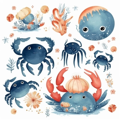 crab Clipart Cute crab, Sea Creature, Ocean Animals, Kids Sea Creatures, crab Nursery Decor, with blue air bubbles and sea anemones and sea plants