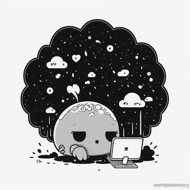clipart of a creative computer brain. Beautiful, flat, cute manga style, black and white, round image borders