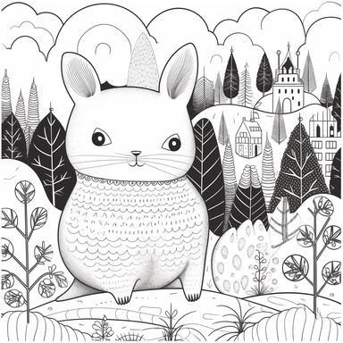 Draw a clipart-style black and white illustration of a Chinchilla, with simple outlines and bold lines, leaving space for children to color. Include a simple and linear background that fits the anecdote and is easy to color. Remember to keep it black and white, with black ink on white paper.