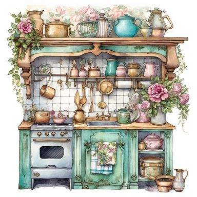 Make a clipart of a fairytale watercolor french country kitchen, rococo, dark, moody with bright pastel colors of turquoise and green, pink roses, gold accents, black outlines, hd, white background