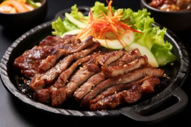 Pan-fried cooked black pork meal in Korea restaurant, fresh delicious korean food cuisine on iron plate with lettuce, close up, copy space, lifestyle