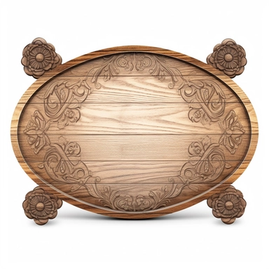 Rustic ovel wooden sign, with blank center area, with carved floral patterns, water color, clipart, white background