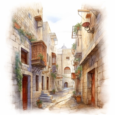 Old City Streets of Jerusalem. Watercolor, clipart