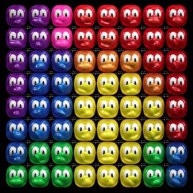 sprite sheet clip art of transparent jelly beans with white cartoon eyes in a grid, merging with each other. red, blue, green, purple, yellow colors. 5 colours PNG format clipart, prerendered 3d, 3d, palletized colours, deep blacks, deep colors, vibrant colors, mobile game