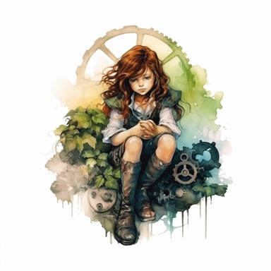 Steampunk style weared little girl sitting with watercolor effect,unrealistic fantastic,white background,suitable for digital cliparts,fantastic scene,high quality,leaves,ivy,green plants