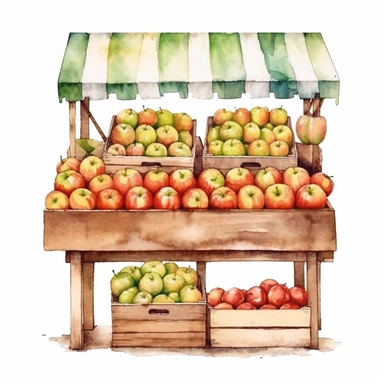 watercolor apple stand clipart, white background, realistic with high details, beautifully colored with strong palette pastel colors, 32k h